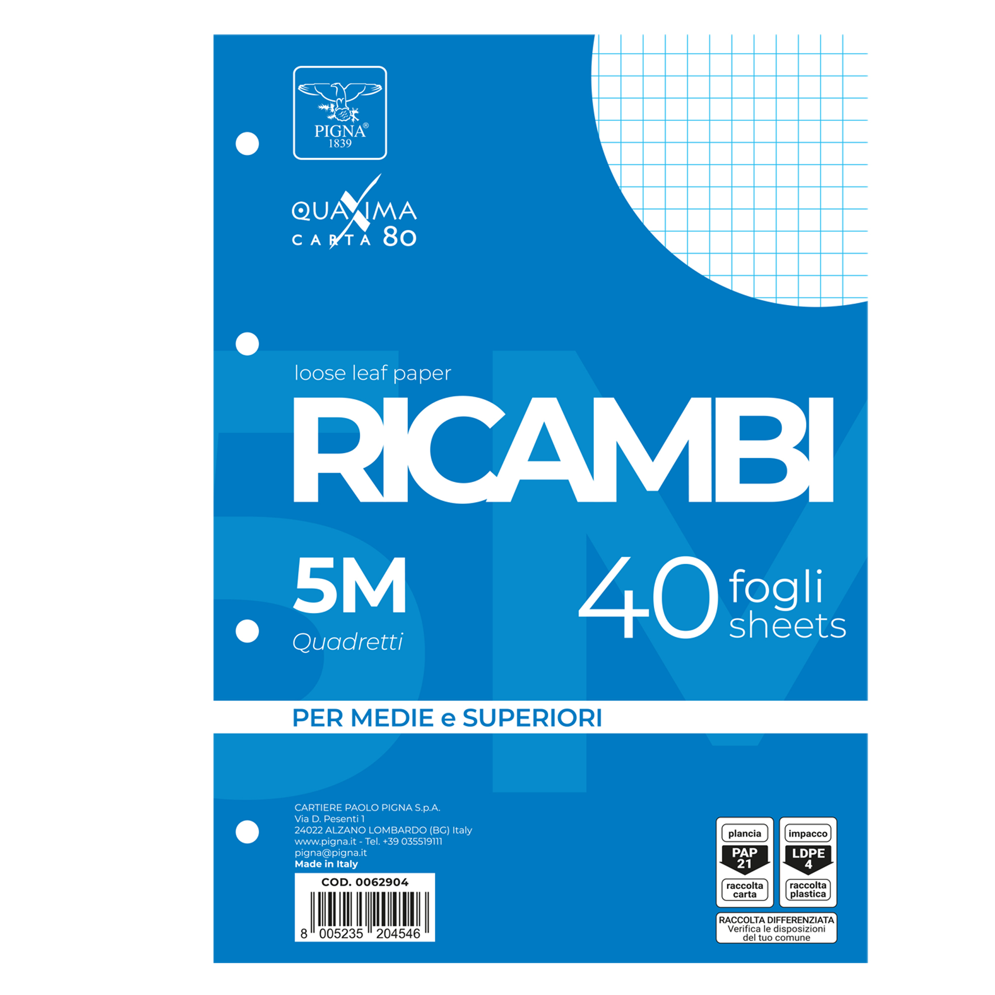 Ricambi forati Quaxima - A5 - 5 mm - 80 gr - Pigna - conf. 40 pezzi