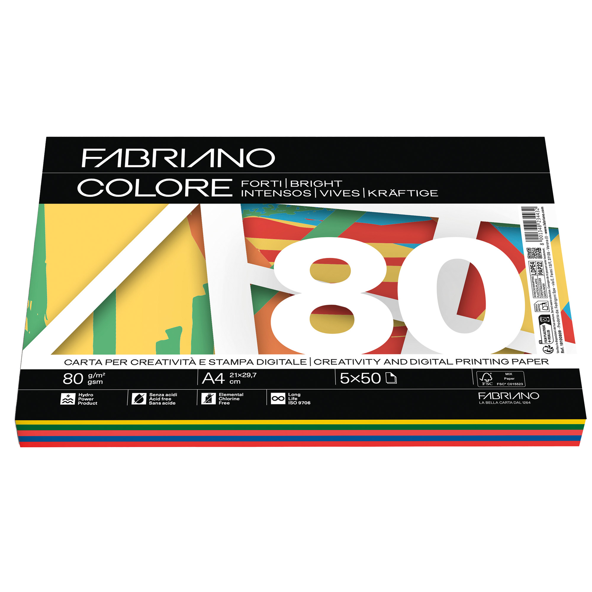 Carta Fabriano Colore - A4 - 80 gr - mix 5 colori forti - Fabriano - conf. 250 fogli