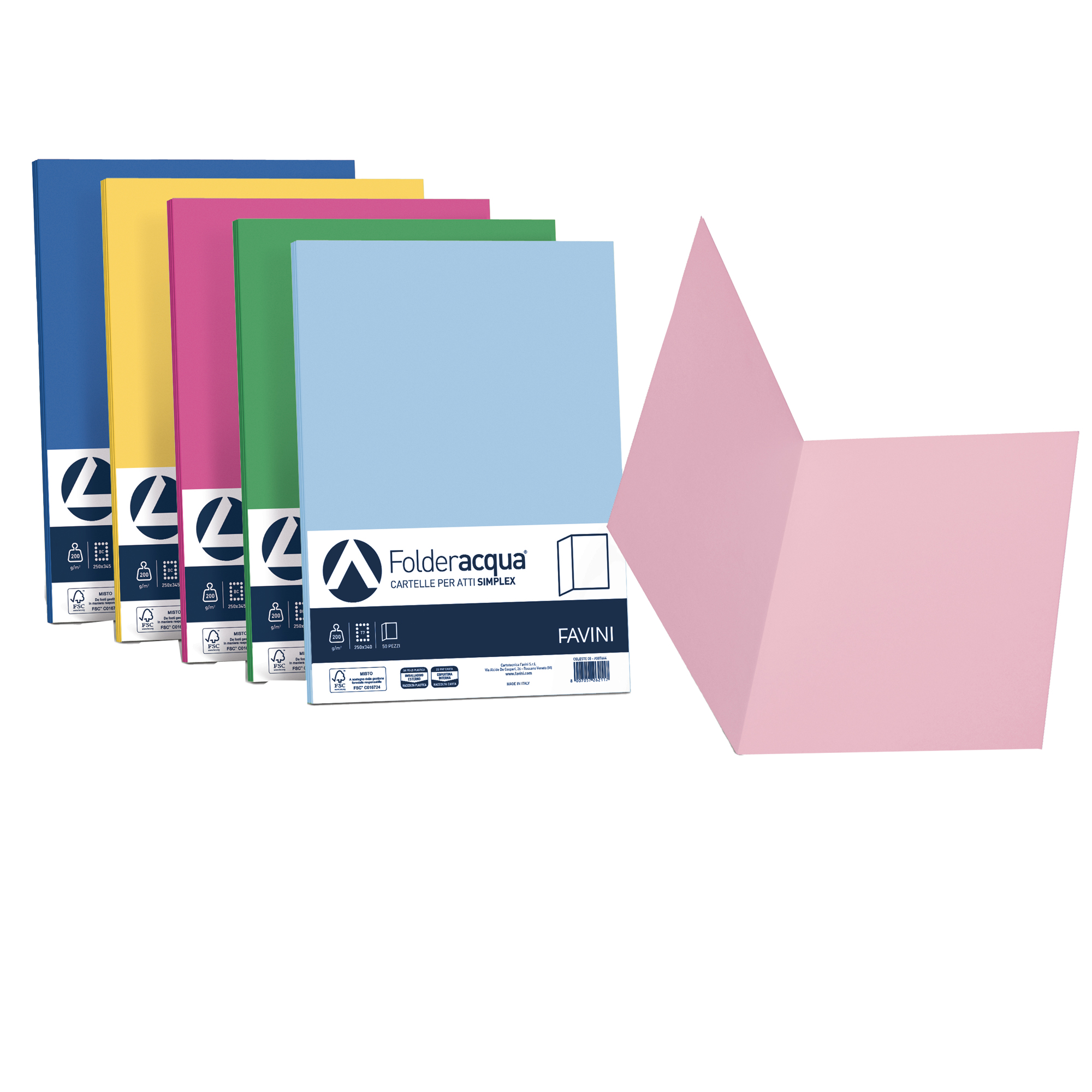 Cartellina semplice Luce - 200 gr - A4 - mix 5 colori - cartoncino bristol - Favini - conf. 50 pezzi