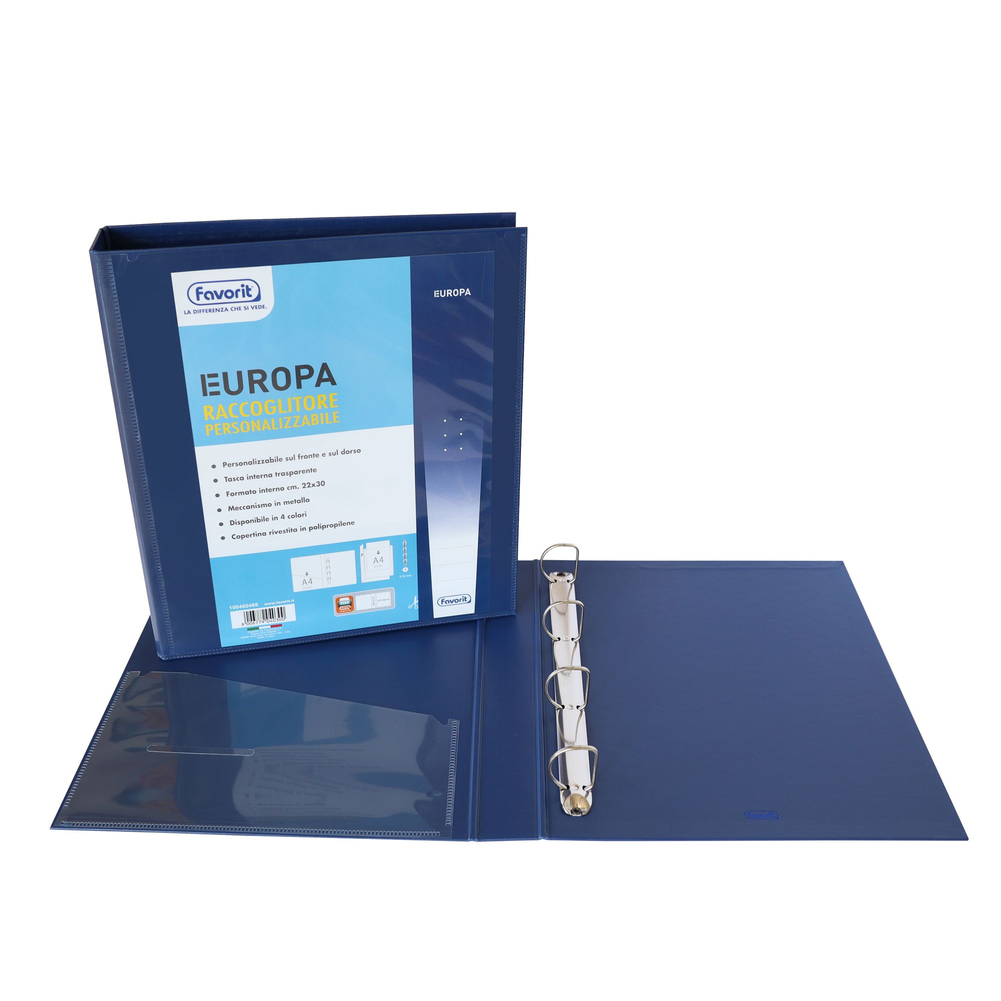 Raccoglitore personalizzabile Europa - 22 x 30 cm - 4 anelli a D 50 mm - dorso 6 cm - blu - Favorit