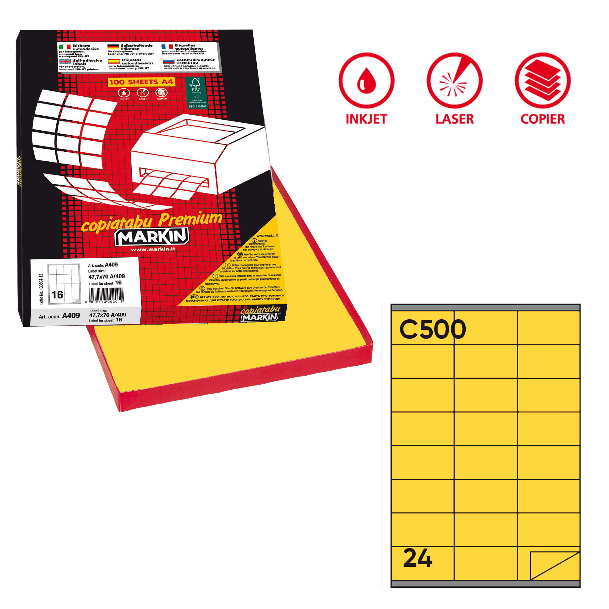 Etichette adesive C/500 - in carta - permanenti - 70 x 36 mm - 24 et/fg - 100 fogli - giallo - Markin