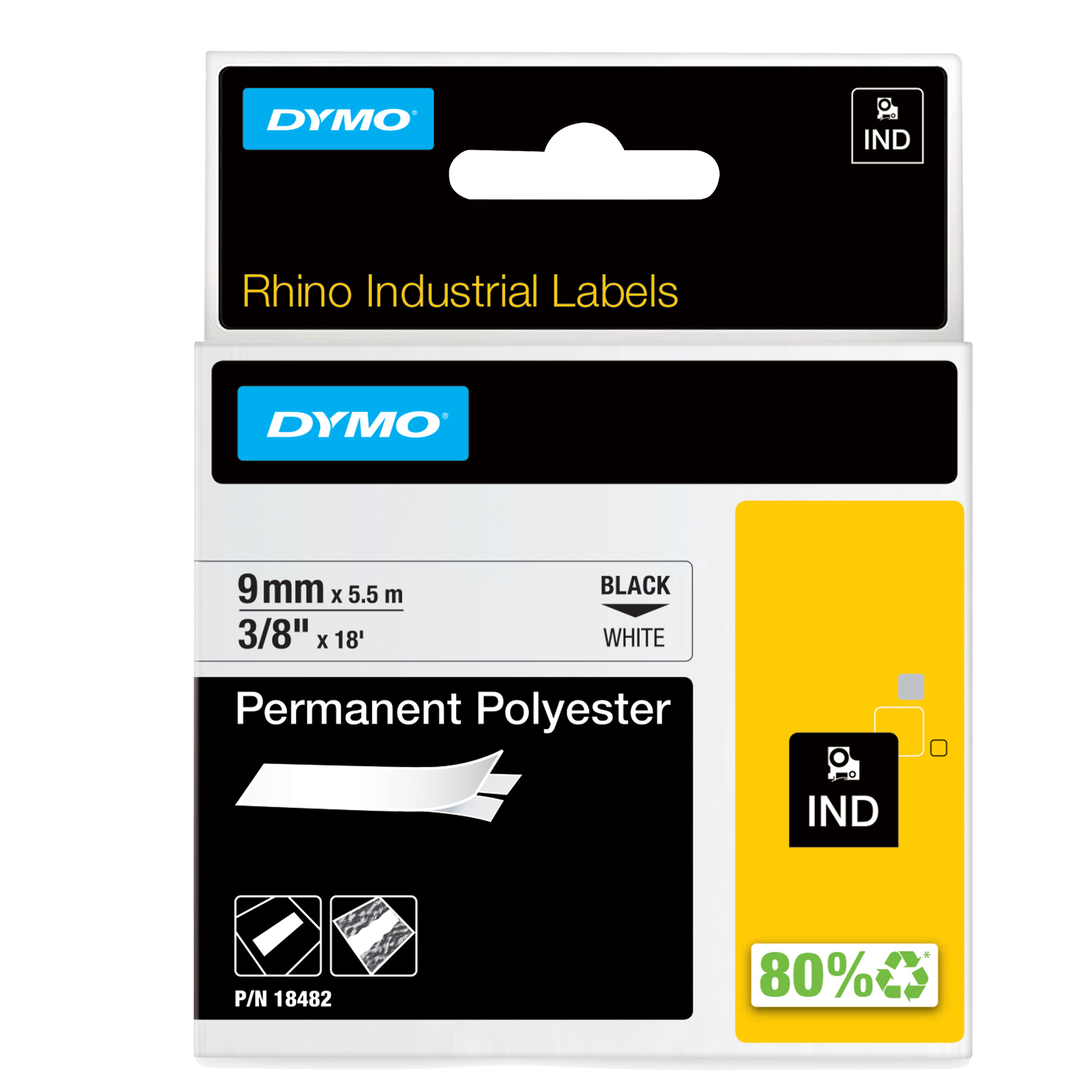 Nastro Rhino 18482 - 9 mm x 5,5 mt - poliestere - permanente - nero/bianco - Dymo
