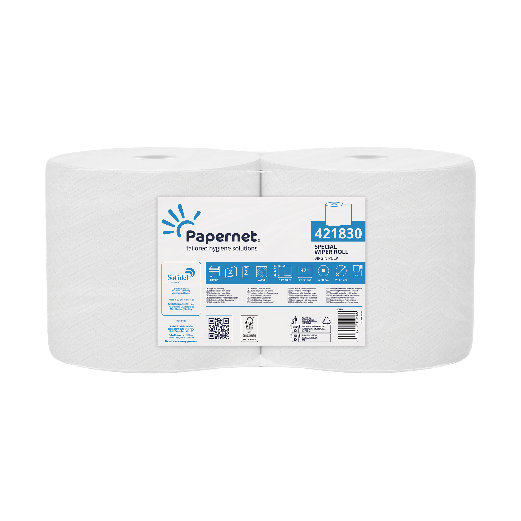 Bobina asciugatutto - 2 veli - goffratura a onda -  diametro 26 cm - 19,5 gr - 23,4 cm x 112,1 mt - bianco - Papernet