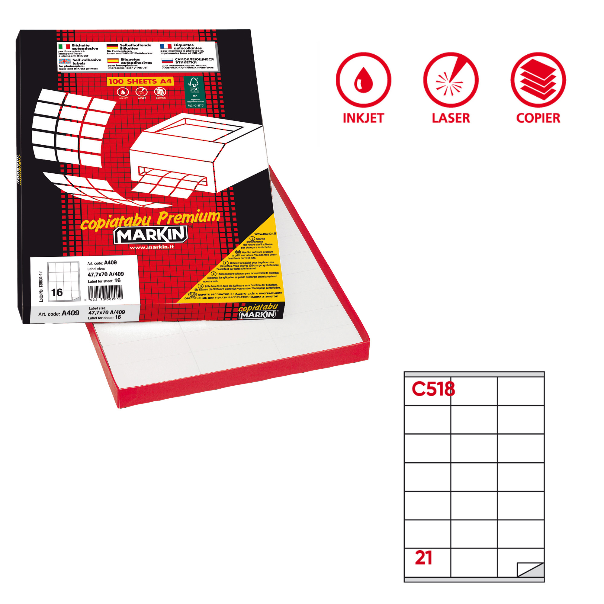 Etichette adesive C/518 - in carta - permanenti - 70 x 40 mm - 21 et/fg - 100 fogli - bianco - Markin