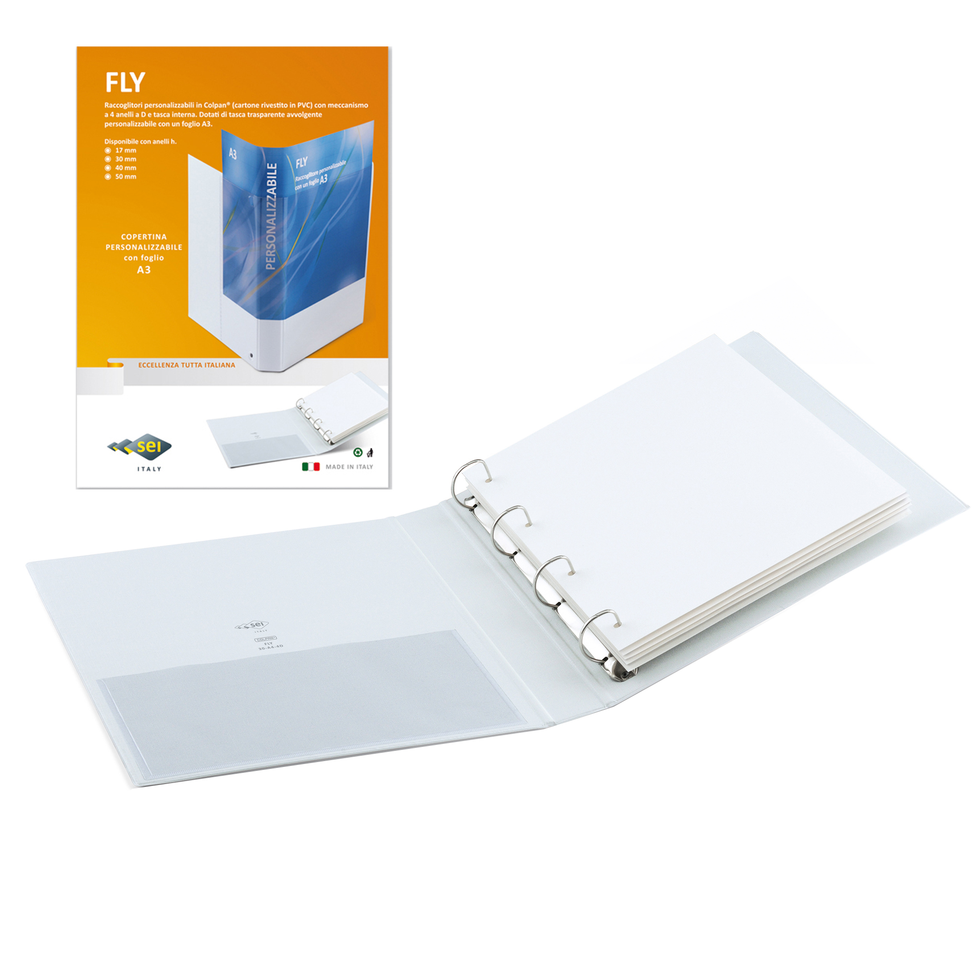 Raccoglitore personalizzabile Fly - 22 x 30 cm - 4 anelli a D 30 mm - dorso 4 cm - bianco - Sei Rota
