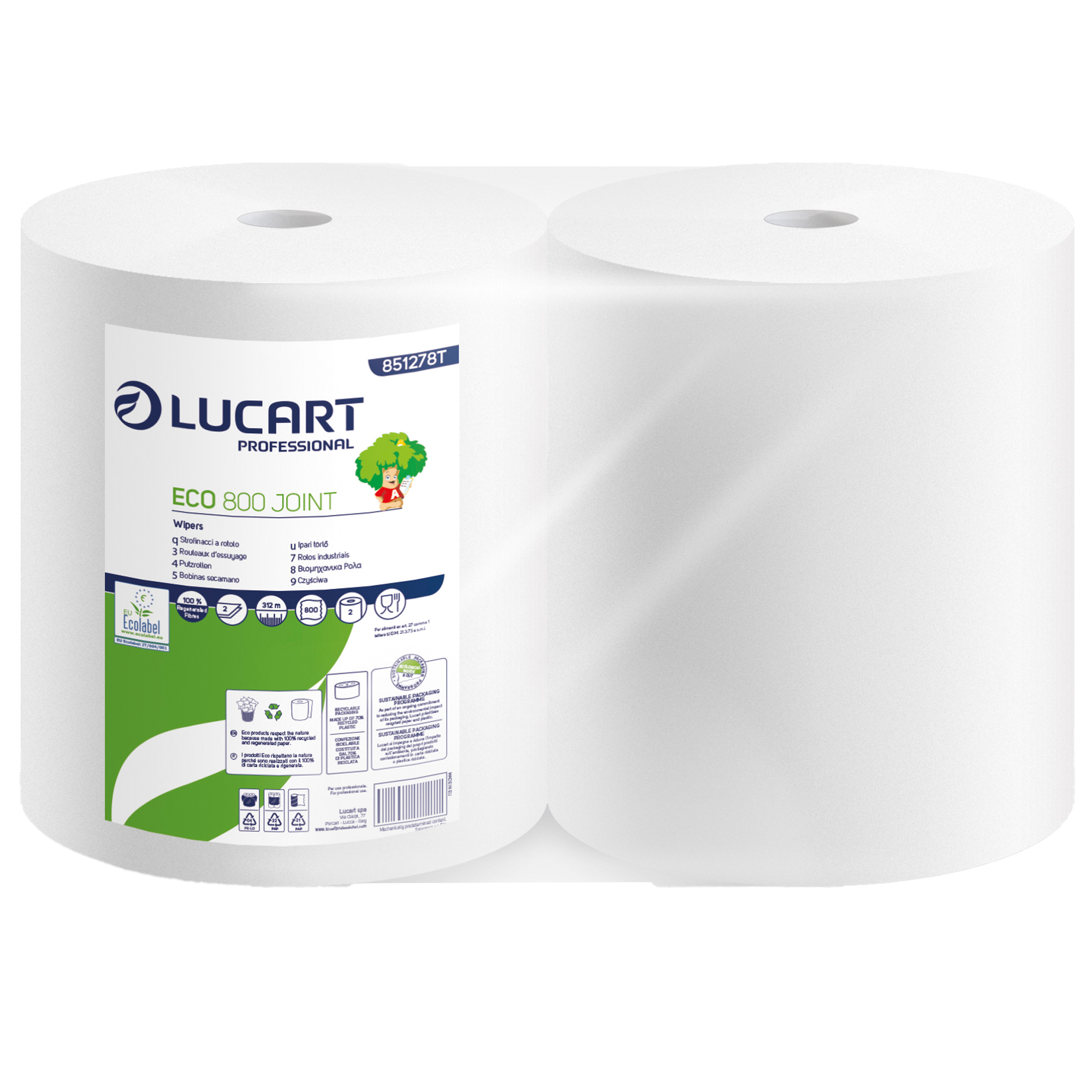 Bobina asciugatutto Eco 800 Joint - 2 veli - 18,5 gr - diametro 26,5 cm - 23,5 cm x 312 m - microgoffrata - carta riciclata - bianco  - Lucart