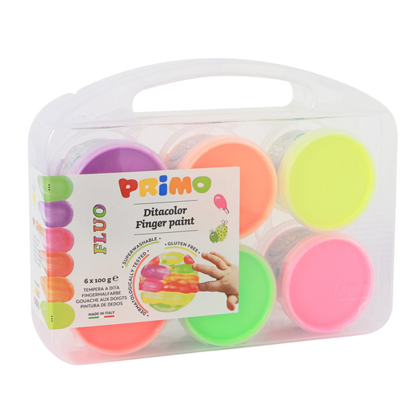 Ditacolor colori a dita - 100ml  - c/pennello - valigetta 6 colori fluo - Primo