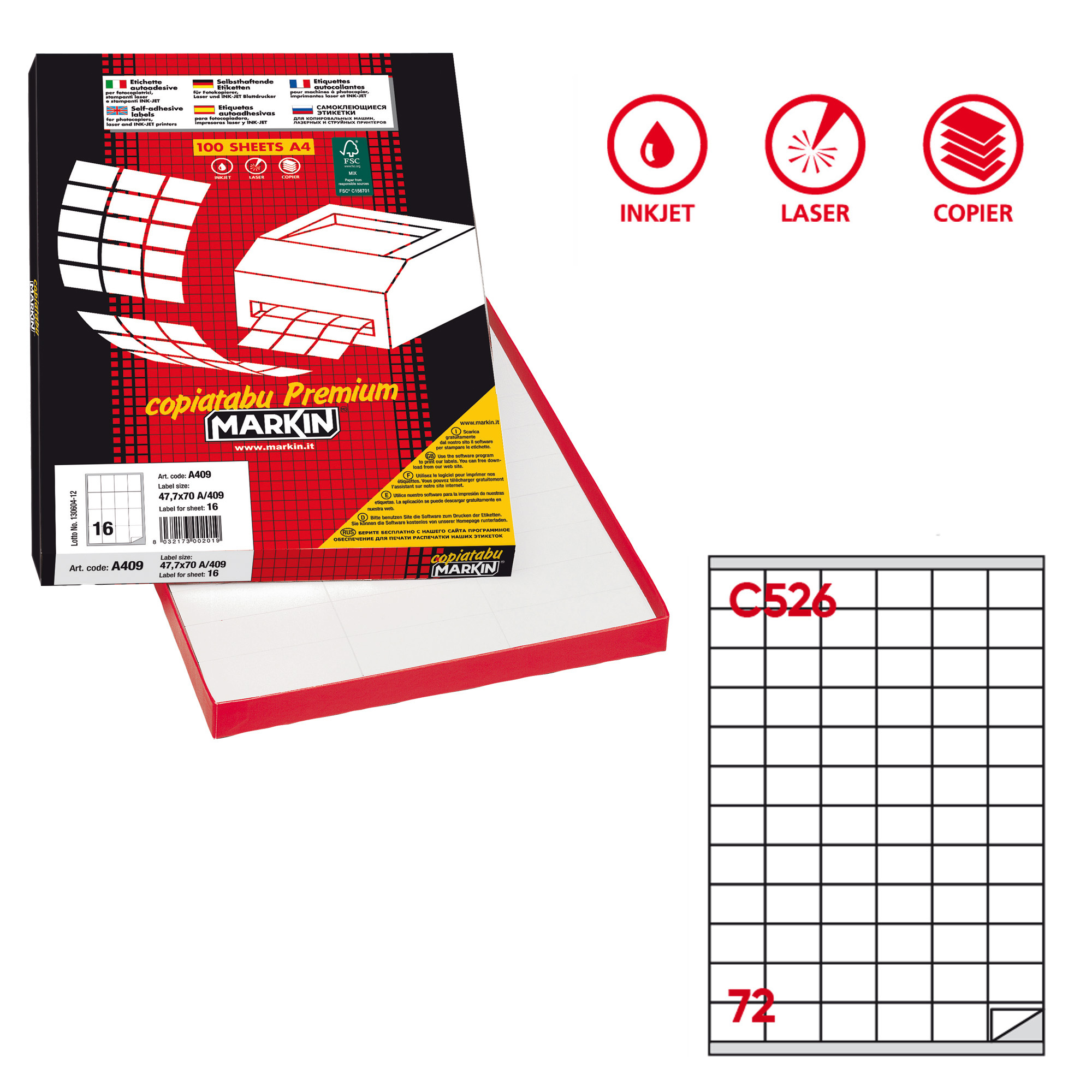 Etichette adesive C/526 - in carta - permanenti - 35 x 23,5 mm - 72 et/fg - 100 fogli - bianco - Markin