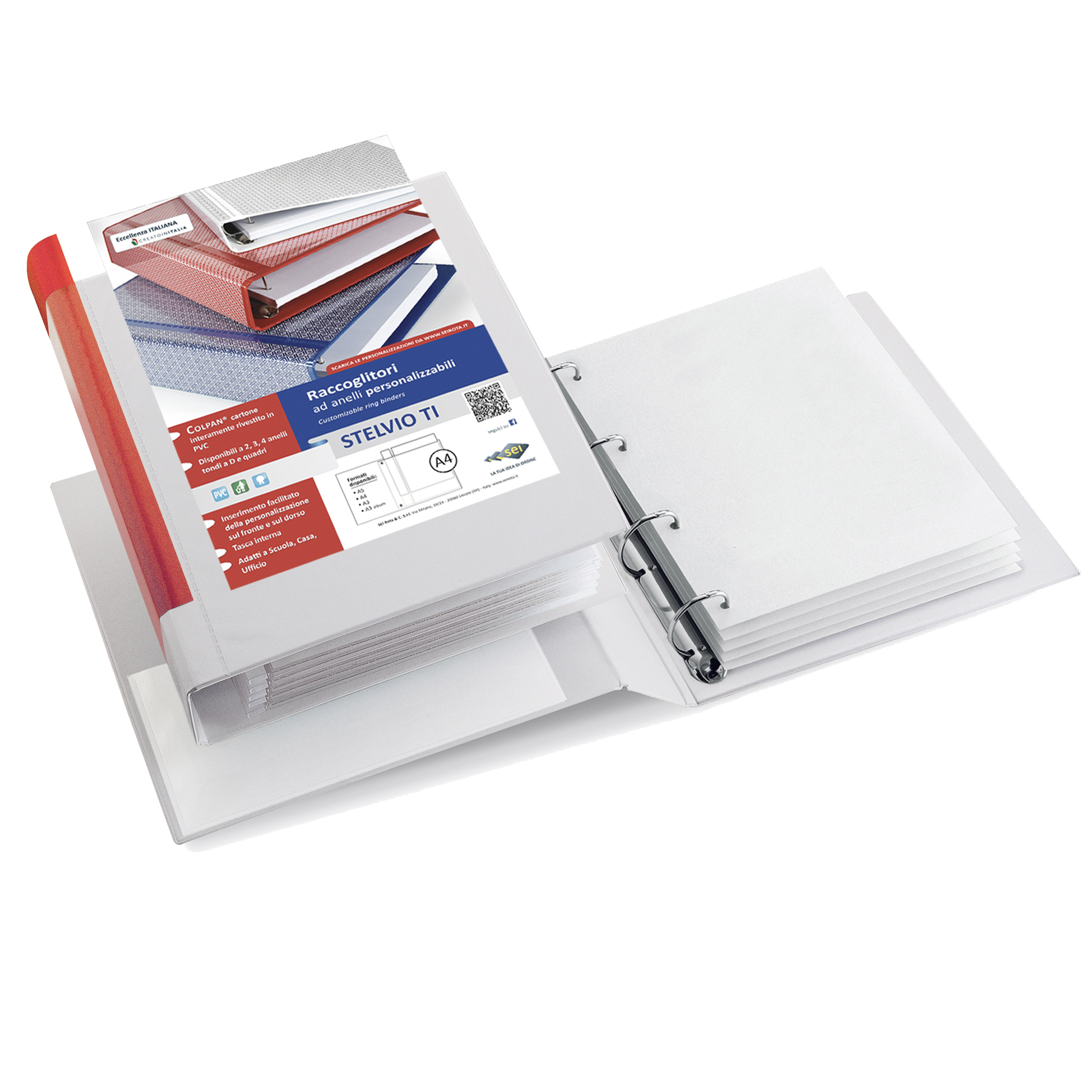 Raccoglitore personalizzabile Stelvio TI - 22 x 30 cm - 4 anelli a D 50 mm - dorso 7,5 cm - bianco - Sei Rota