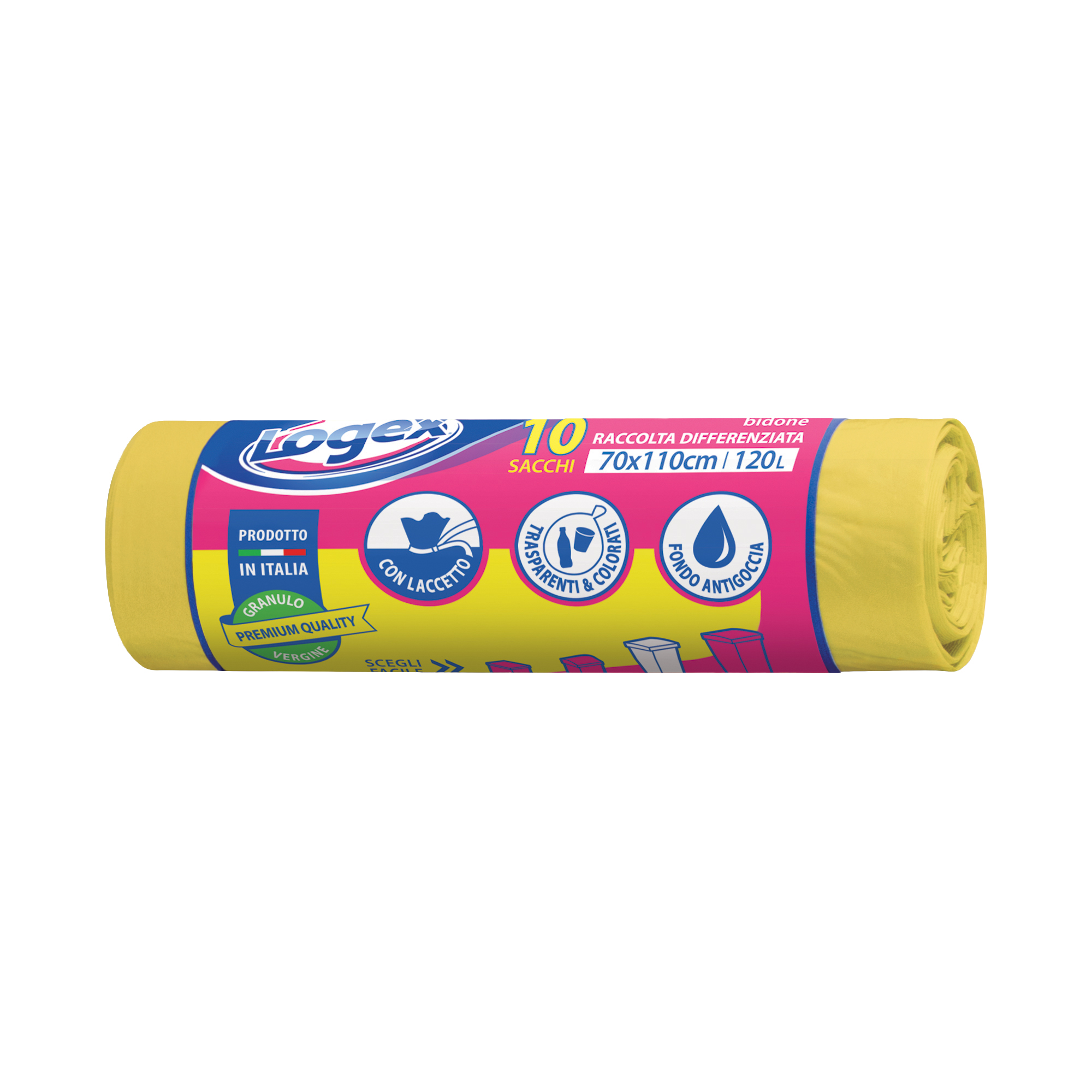 Sacchi per immondizia - 70x110 cm - 120 L - 16 micron - giallo - Logex Professional - rotolo da 10 sacchetti