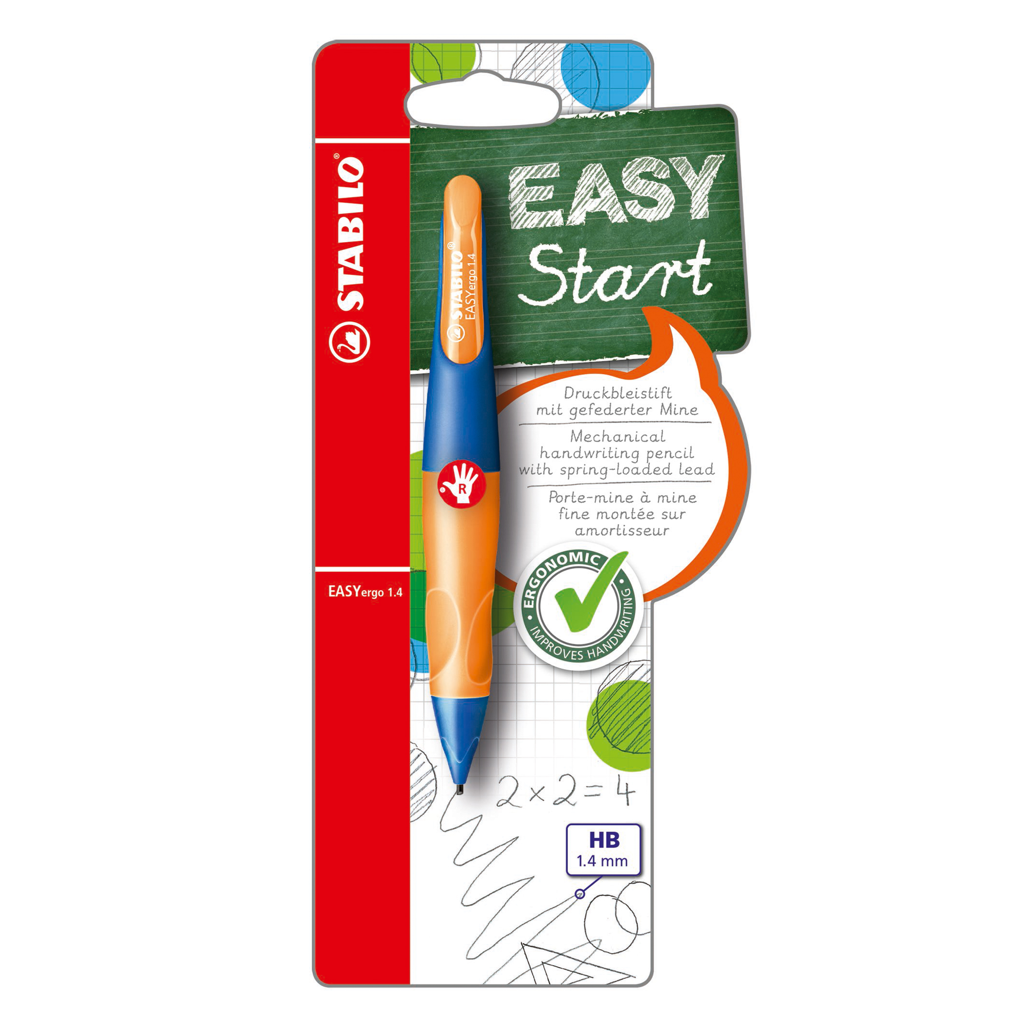 Portamine Easyergo - 1,4mm + 3 mine - per destromani - fusto arancio/blu - Stabilo