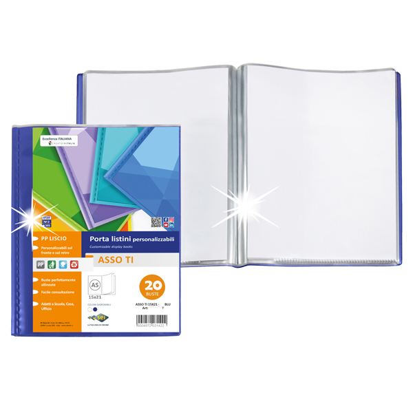 Portalistini Asso TI - personalizzabile - PP liscio - 15 x 21 cm - 20 buste -  blu - Sei Rota