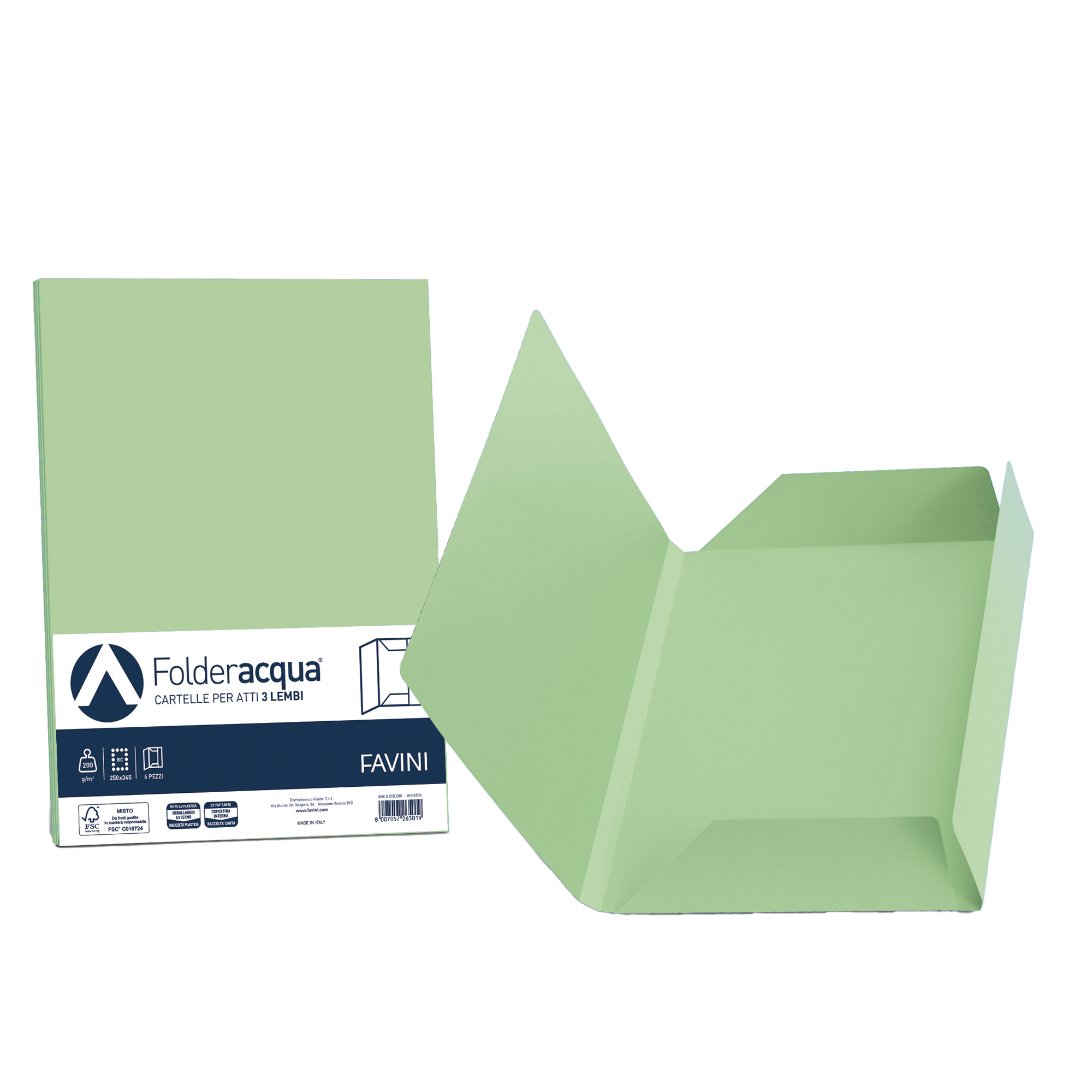 Cartellina 3 lembi Acqua - 200 gr - A4 - cartoncino bristol - verde chiaro - Favini - conf. 25 pezzi