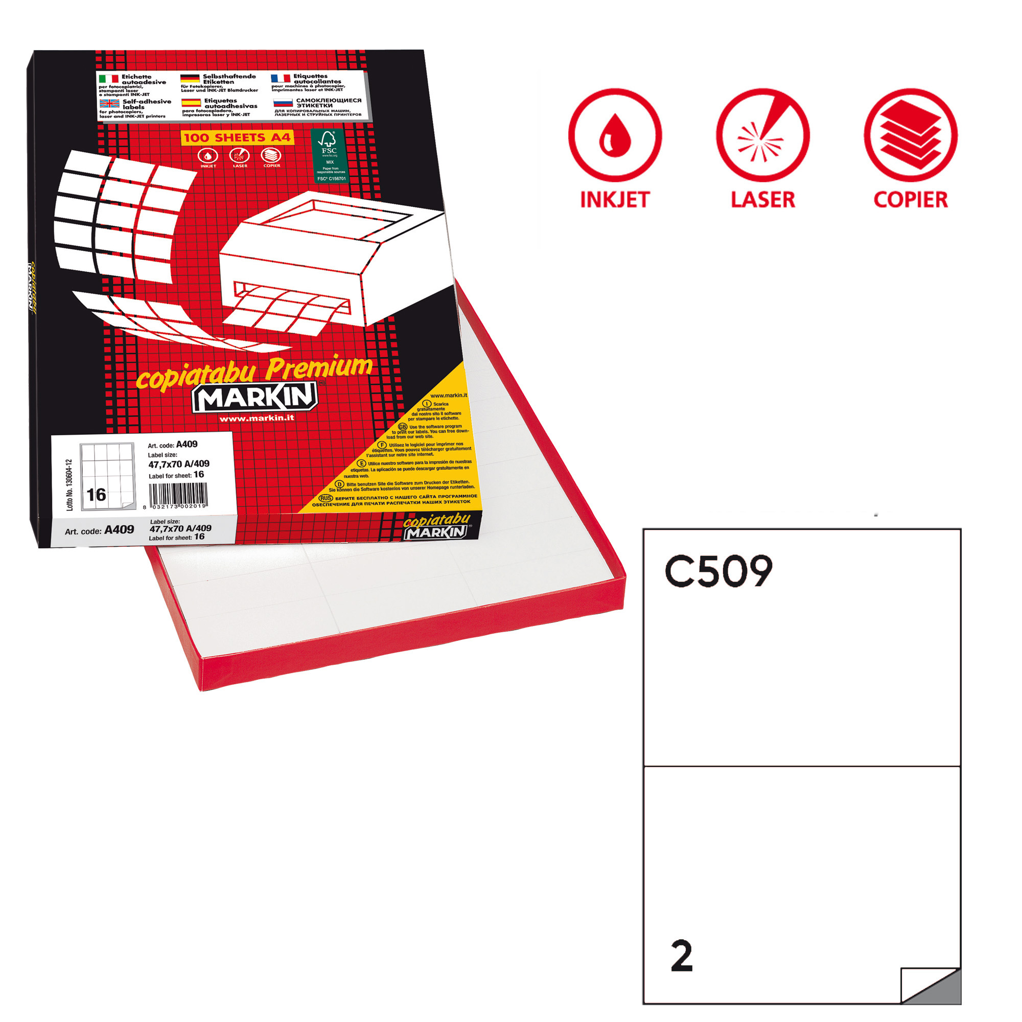 Etichette adesive C/509 - in carta - permanenti - 210 x 148,5 mm - 2 et/fg - 100 fogli - bianco - Markin