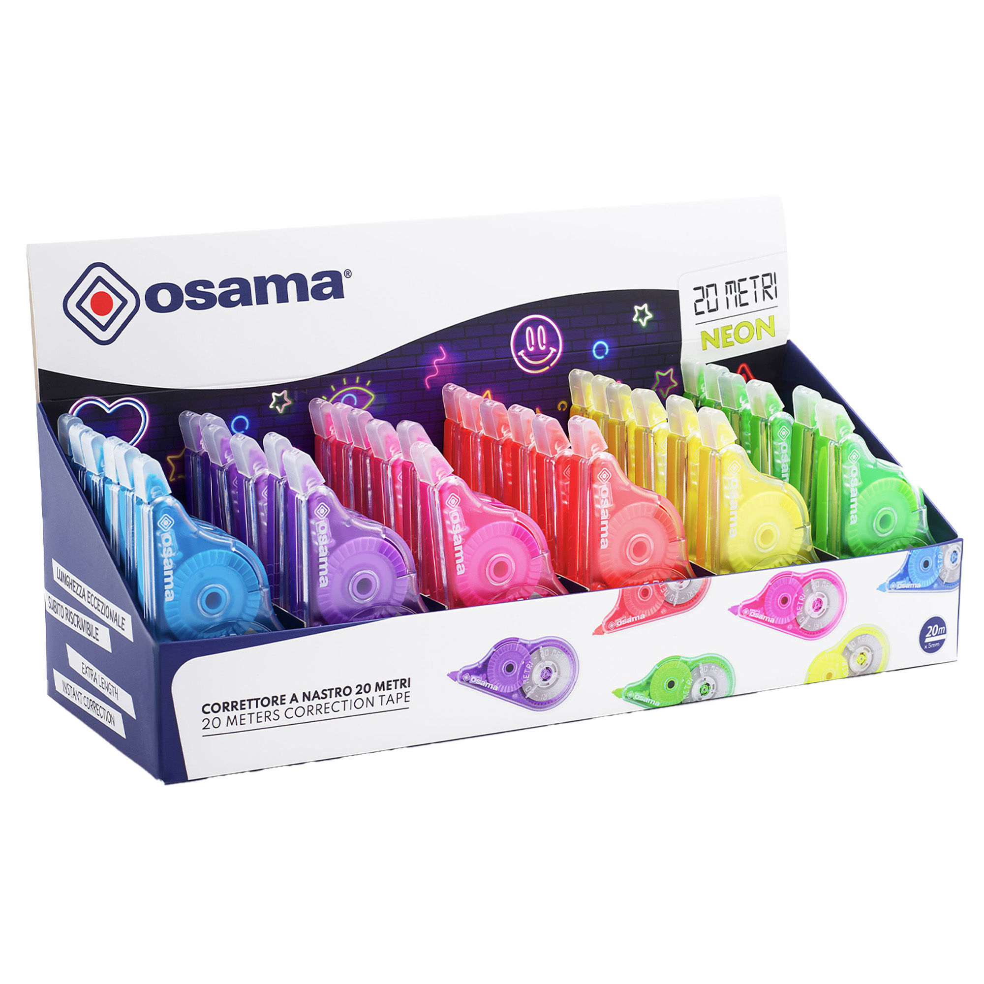 Correttore a nastro 20 Metri - 5 mm x 20 m - involucro colori assortiti Neon - Osama - conf. 36 pezzi