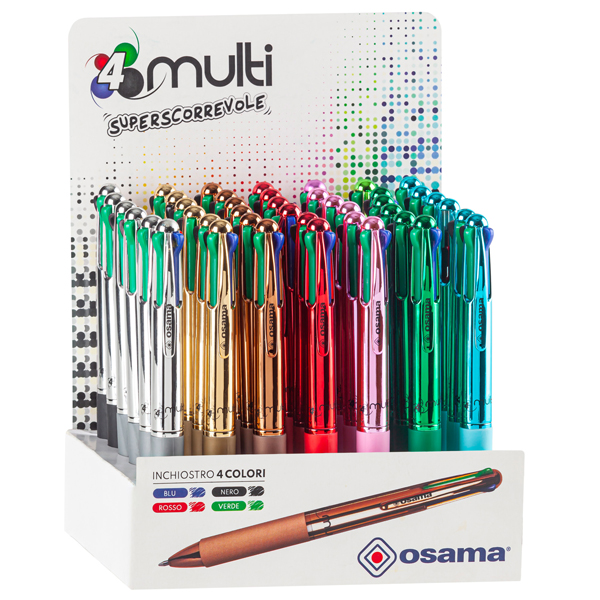 Penna a sfera scatto multifunzione 4 Multi Color - Cromo - colori assortiti - Osama - expo 42 pezzi