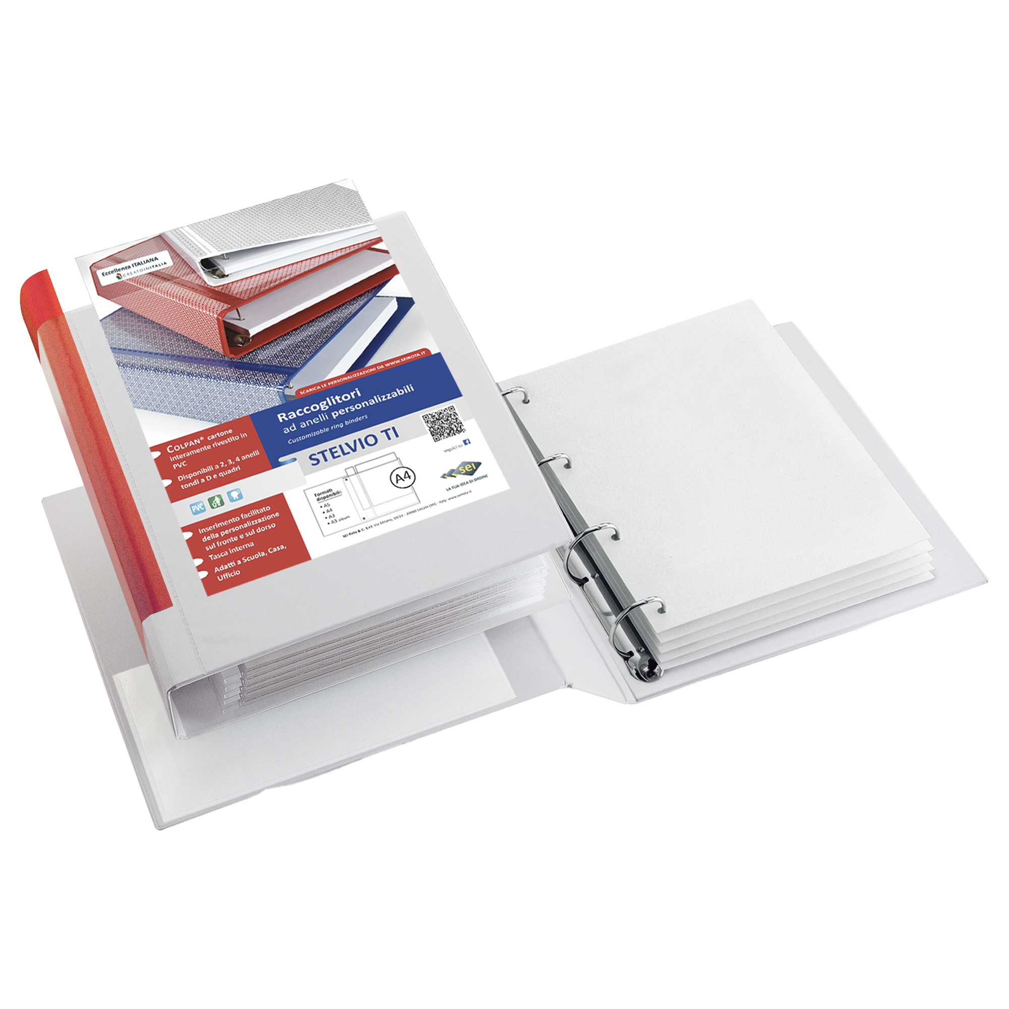 Raccoglitore personalizzabile Stelvio TI - 22 x 30 cm - 4 anelli a D 30 mm - dorso 4 cm - rosso - Sei Rota