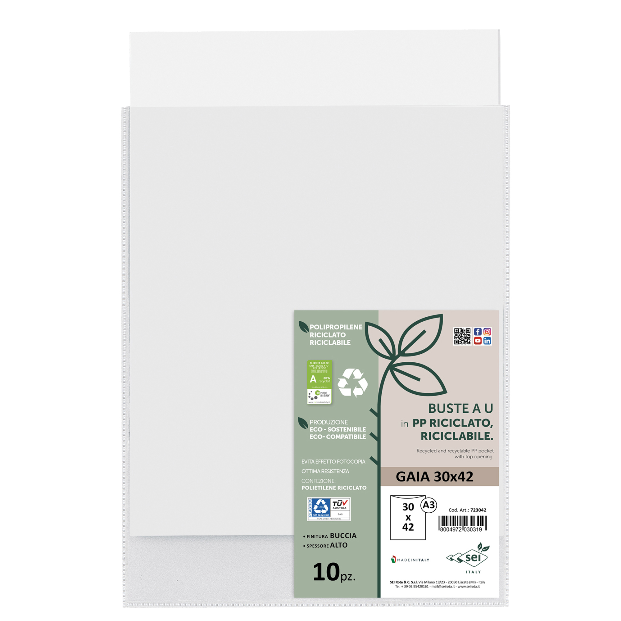 Buste a sacco Gaia - PP riciclato - 30 x 42 cm - buccia - trasparente - Sei rota - conf. 10 pezzi